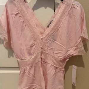 Madden Girl Soft Lace Trim Pink Blouse Top